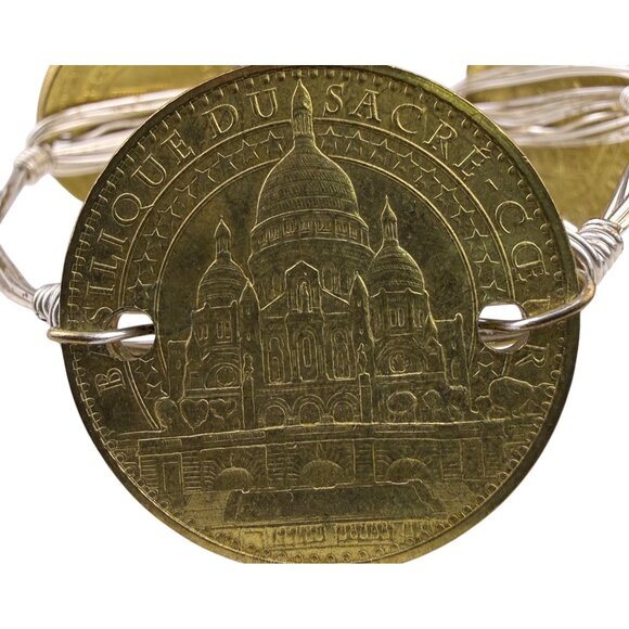 Gold Tone Religious Medallion Coin Bracelet Wire Wrapped Adjustable Handmade - Picture 4 of 6